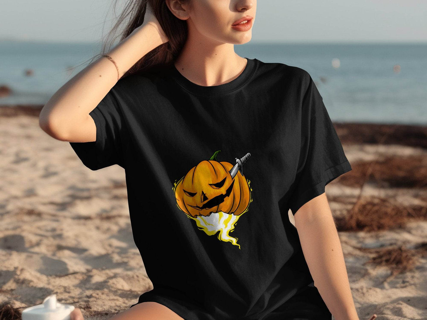 Halloween Pumpkin With Knife Illustration Design T-Shirt - Design & Vybe
