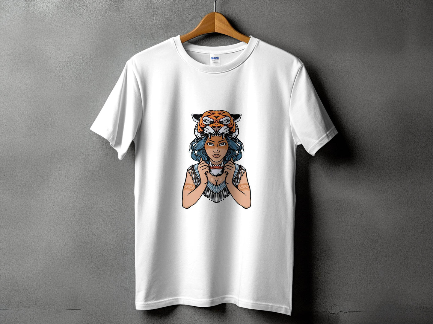 Fierce Tiger Spirit Headdress Young Woman Design T-Shirt - Design & Vybe