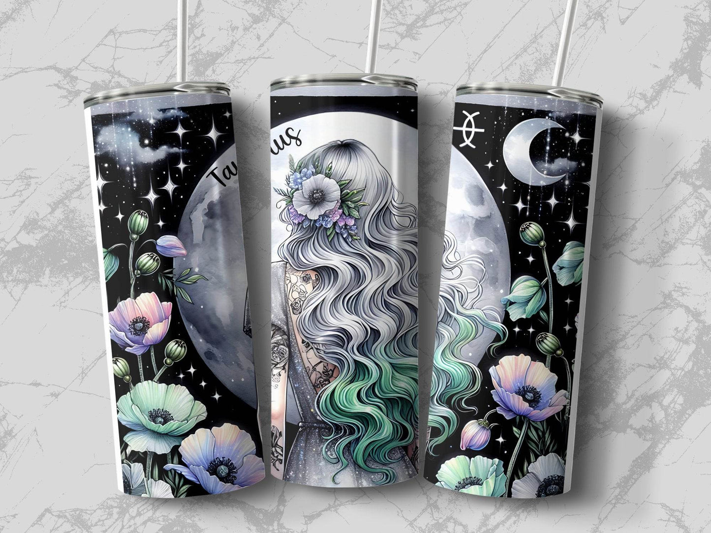 Taurus Zodiac Sign Woman With Moon and Flowers Design Image Tumbler - Design & Vybe