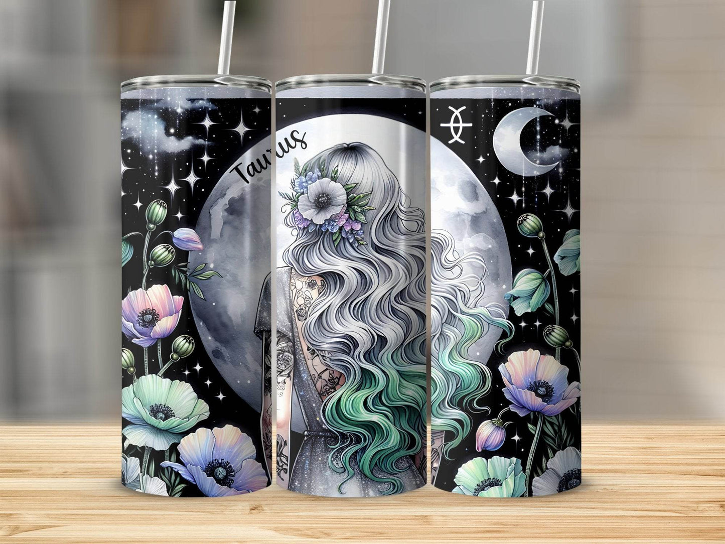 Taurus Zodiac Sign Woman With Moon and Flowers Design Image Tumbler - Design & Vybe