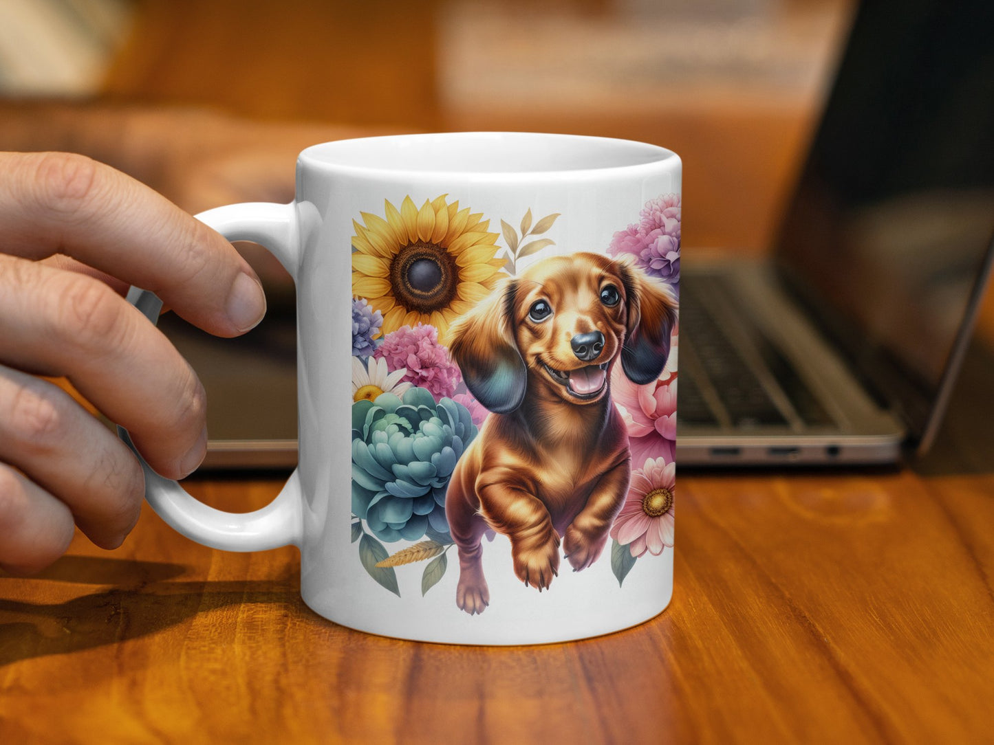 Adorable Dachshund with Floral Background Mug product