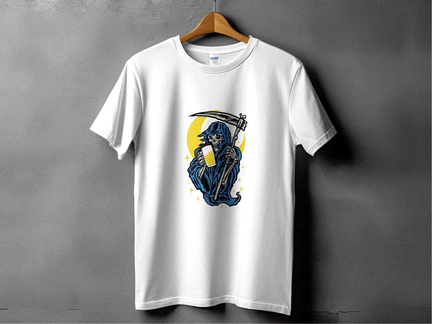 Grim Reaper Holding Beer Glass With Crescent Moon T-Shirt - Design & Vybe