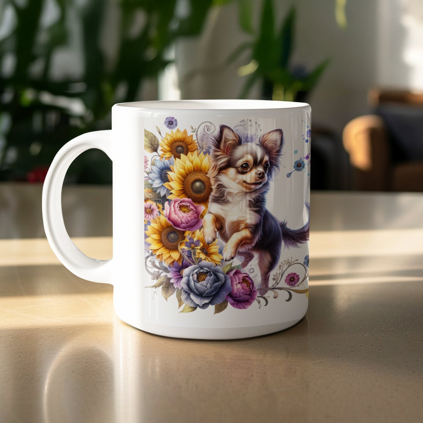 Cute Chihuahua and Sunflowers Design Ceramic Mug product