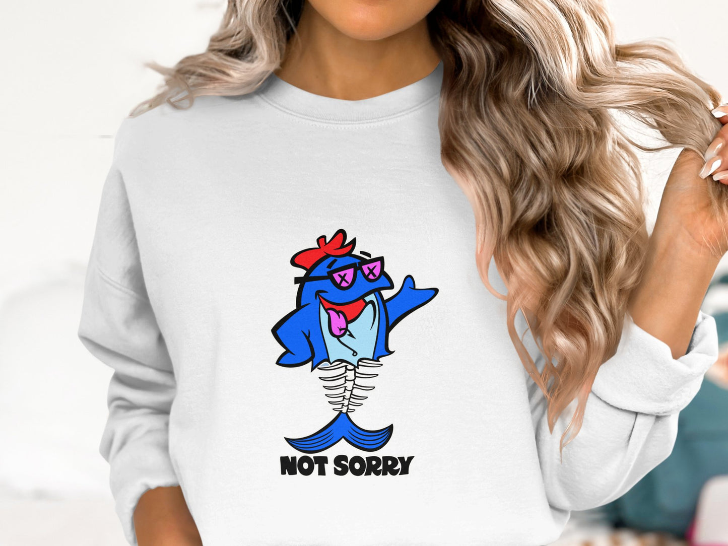 Fun Not Sorry Blue Cartoon Fish Graphic Sweatshirt product type