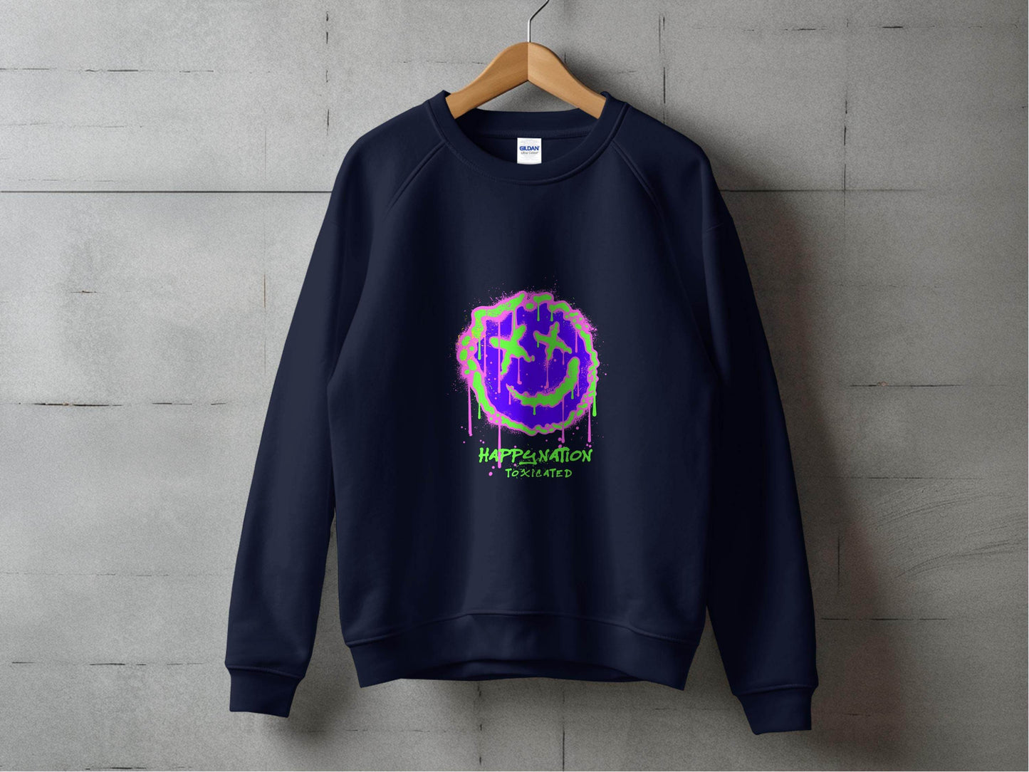 Happy Nation Toxiclated Smiley Face Graphic Design Sweater - Design & Vybe