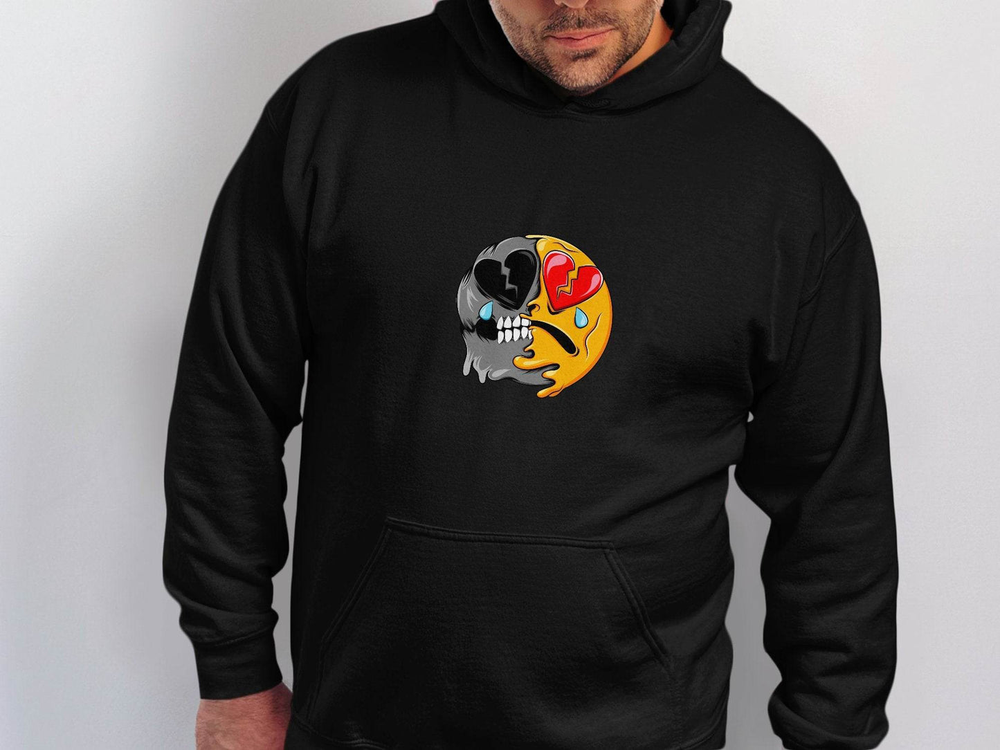 Dual Emotions Skull And Hearts Smiley Graphic Hoodie - Design & Vybe