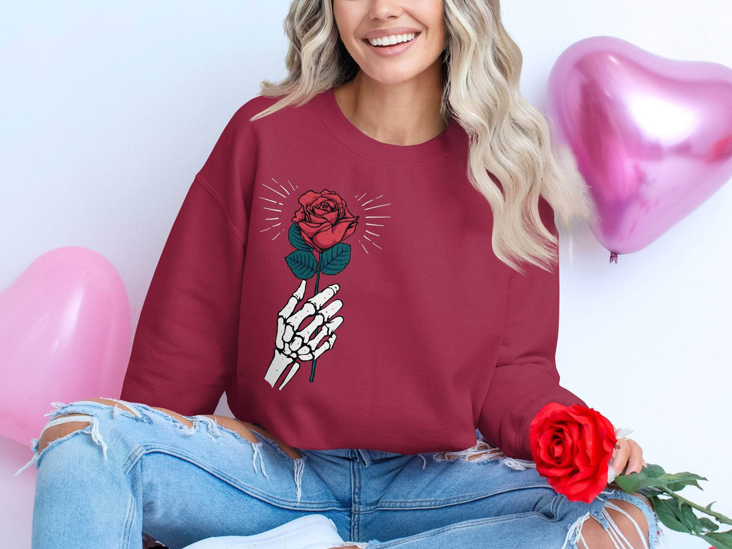 Skeletal Hand Holding Red Rose Floral Design Sweater - Design & Vybe