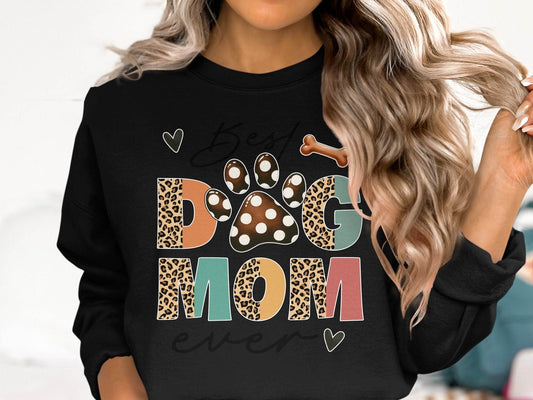 Best Dog Mom Ever Animal Print Heart Bone Graphic Sweater - Design & Vybe