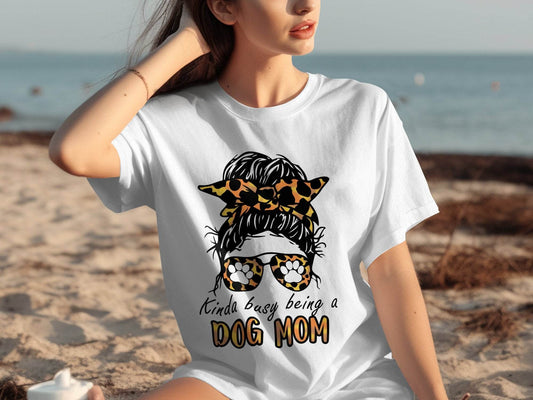 Kinda Busy Being A Dog Mom with Paw Print Glasses T-Shirt - Design & Vybe