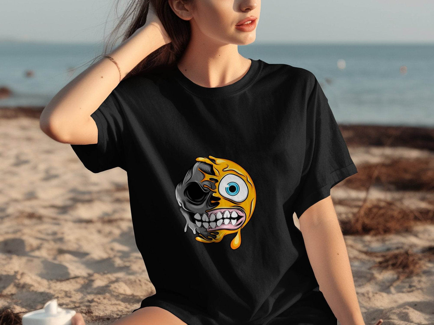 Half Skull Half Emoji With Teeth Out Vector T-Shirt - Design & Vybe