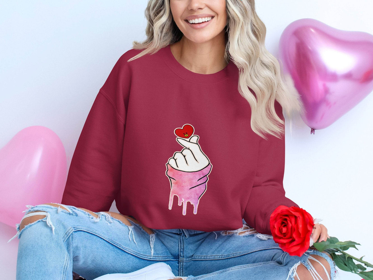 Finger Heart with a Red Heart Cartoon Drawing Sweater - Design & Vybe
