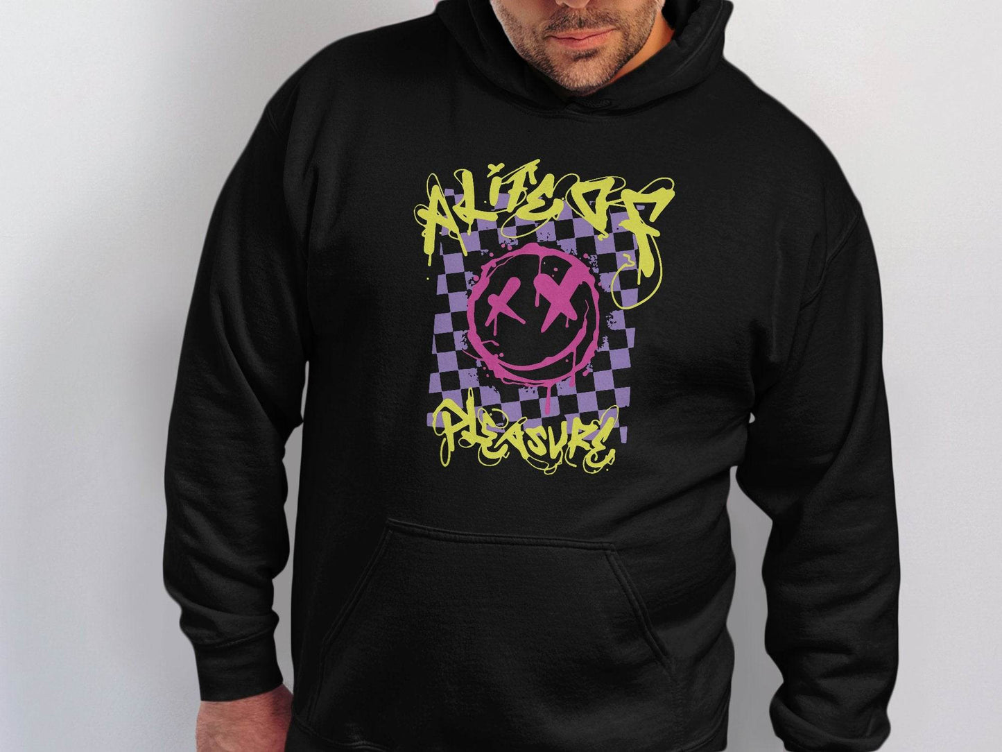 Grunge Smiley Checkered Dead Smile Graphic with Graffiti Hoodie - Design & Vybe