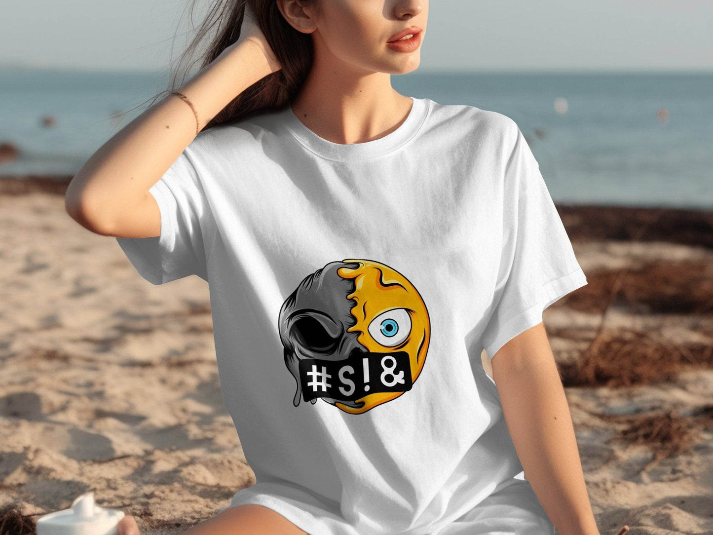 Emoji Half Skull with Hash Symbol Design Novelty T-Shirt - Design & Vybe