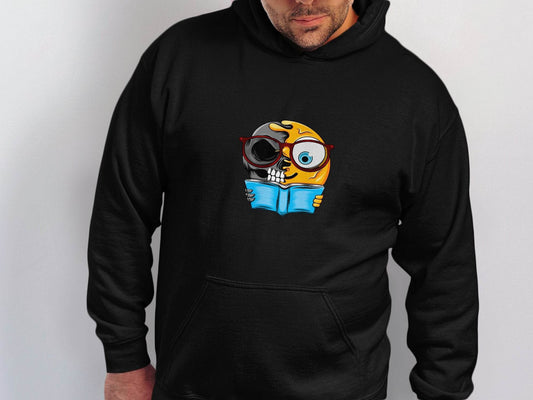 Half Skull Half Emoji Reading Book Illustration Hoodie - Design & Vybe