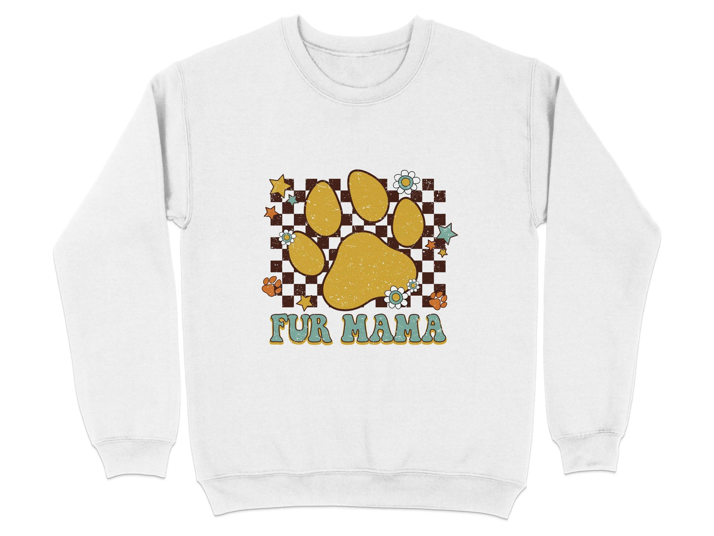 Fur Mama Paw Print Stars Flowers Checkered Pattern Sweater - Design & Vybe