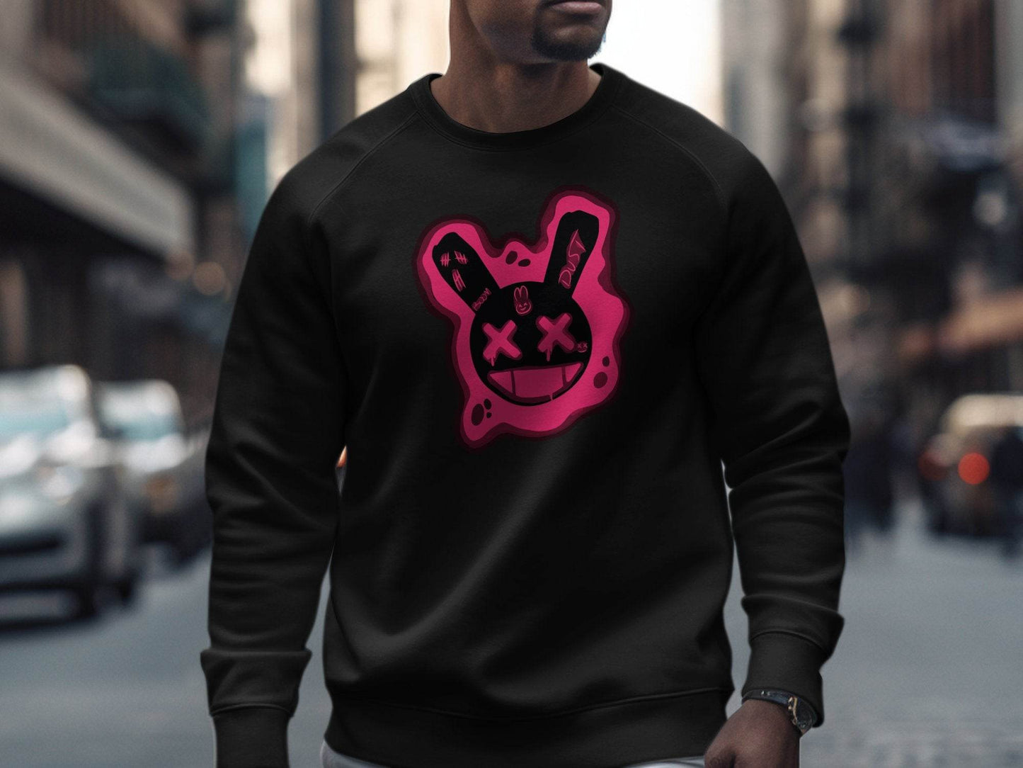 Unique Red Pink Dripping Rabbit Bunny Dead Smiley Face Graphic Sweater - Design & Vybe