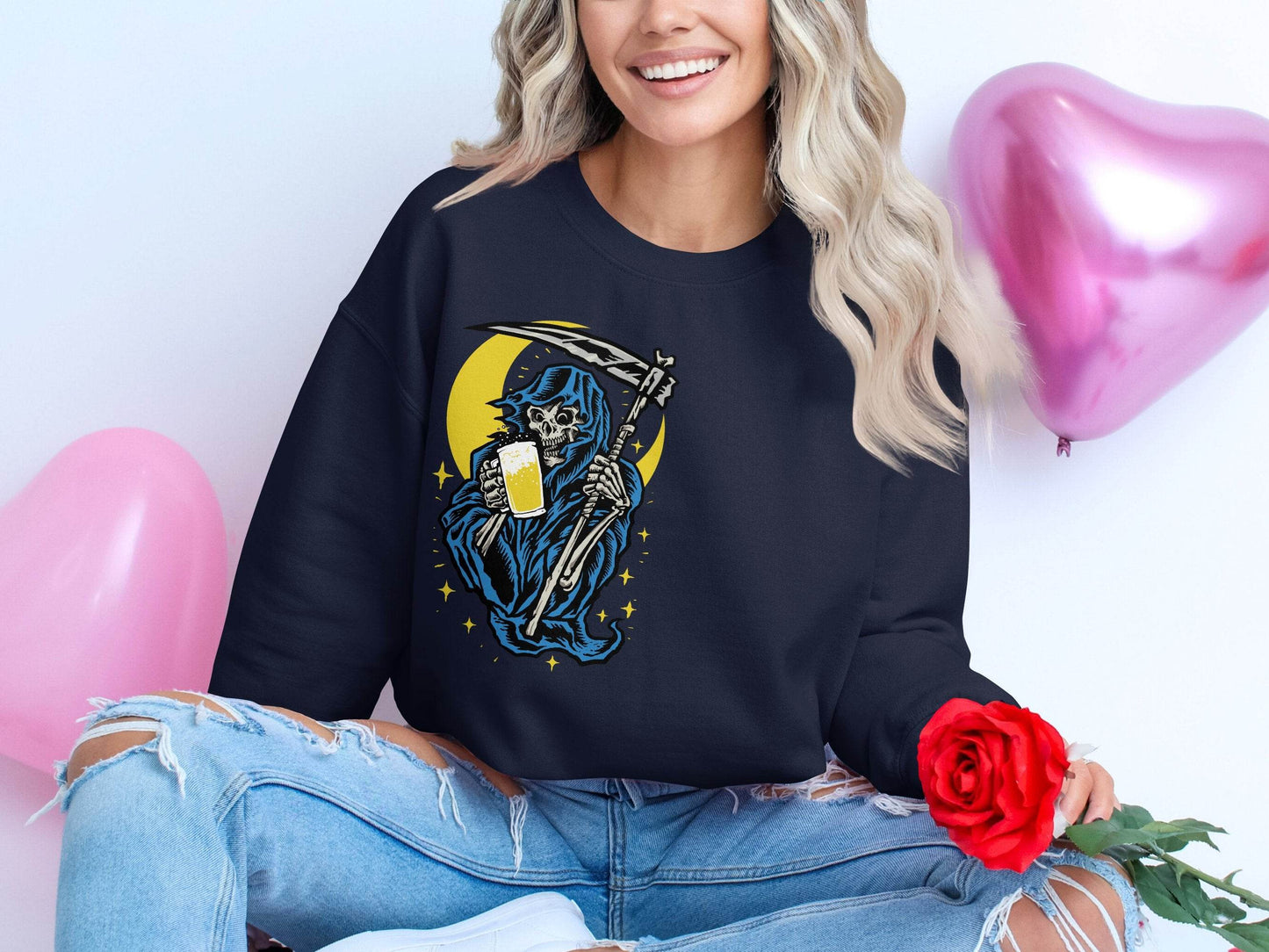 Grim Reaper Holding Beer Glass With Crescent Moon Sweater - Design & Vybe