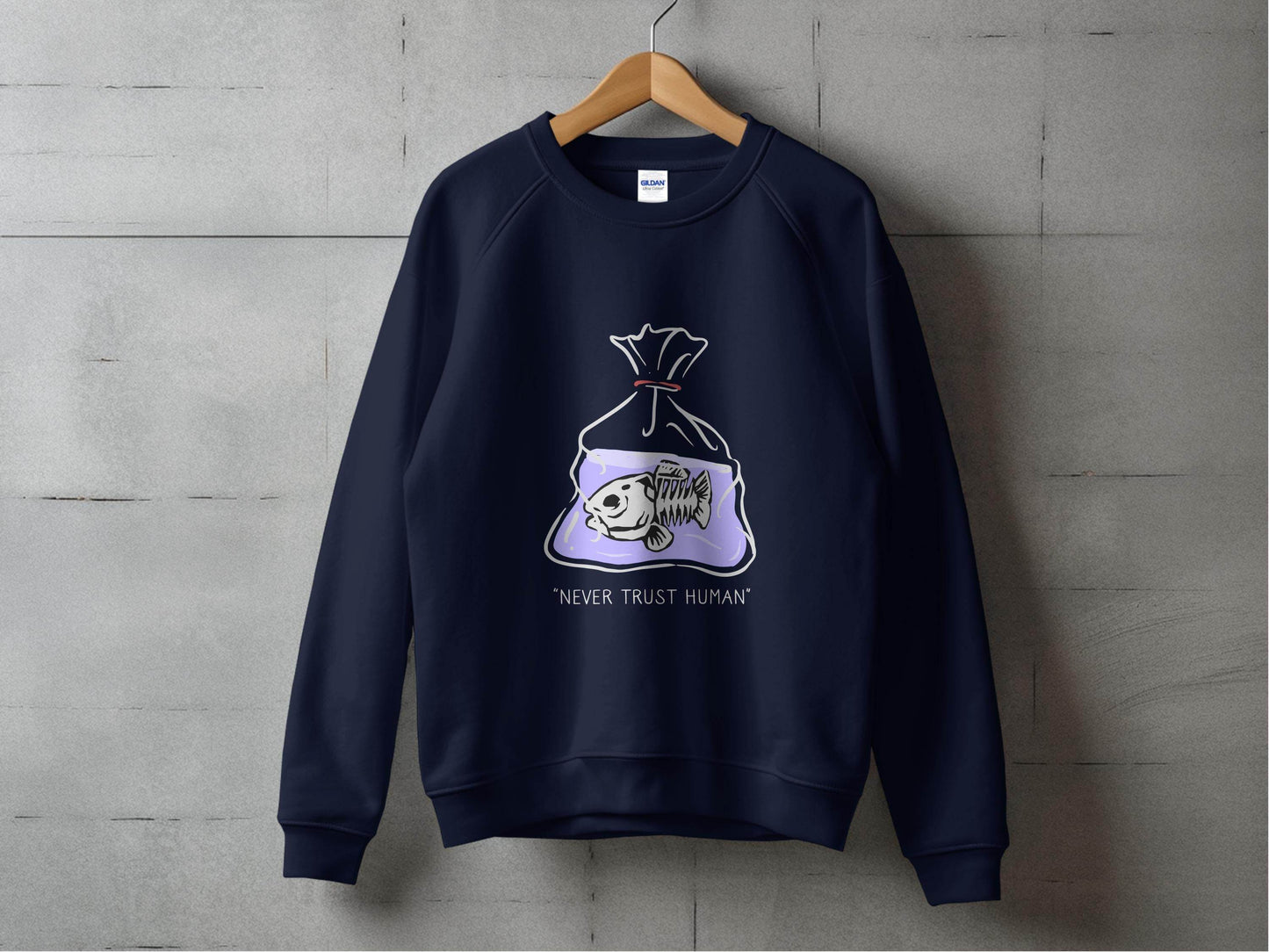 Never Trust Human Fish Skeleton Plastic Bag Design Sweater - Design & Vybe