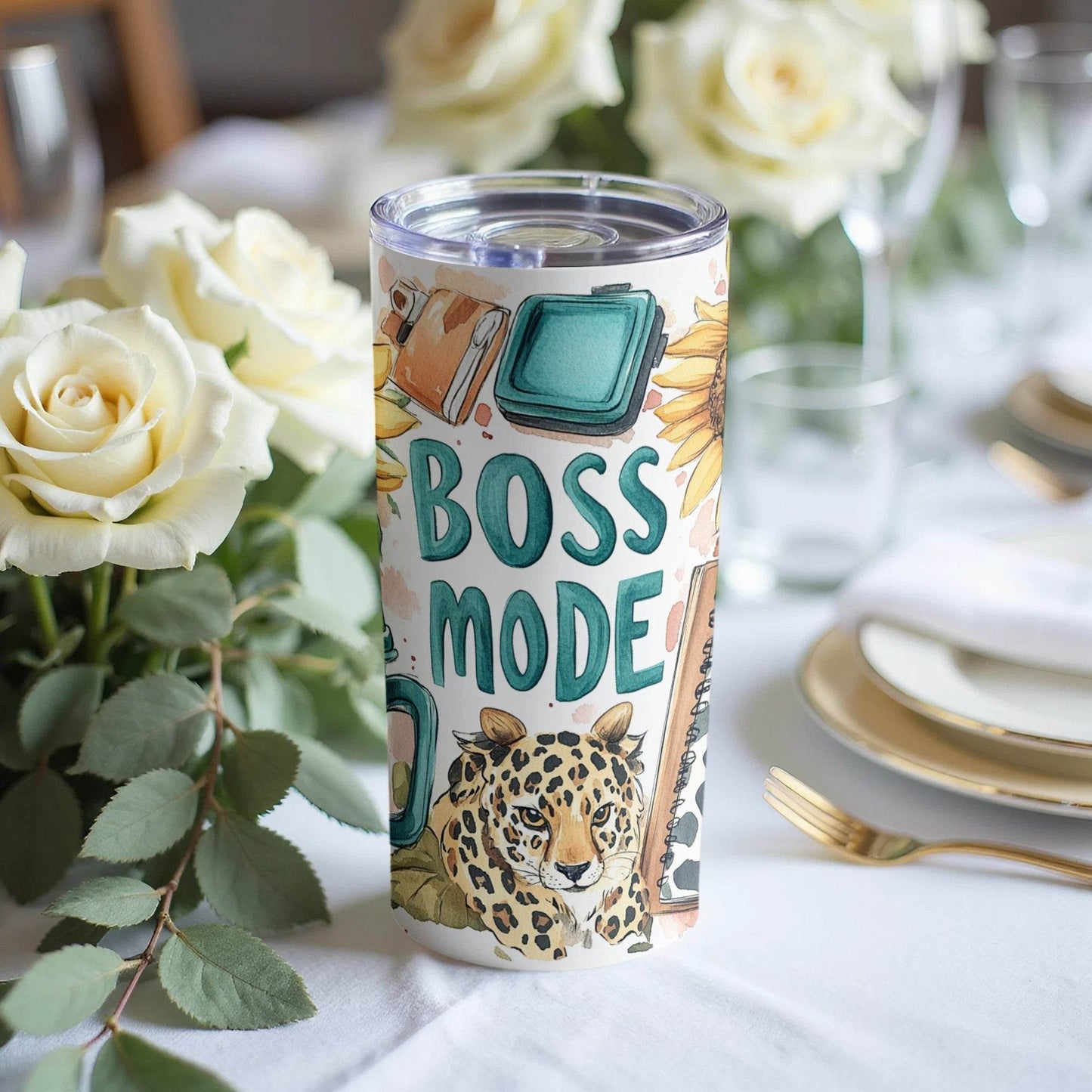 Boss Mode Sunflower Leopard Office Supplies Design Tumbler - Design & Vybe