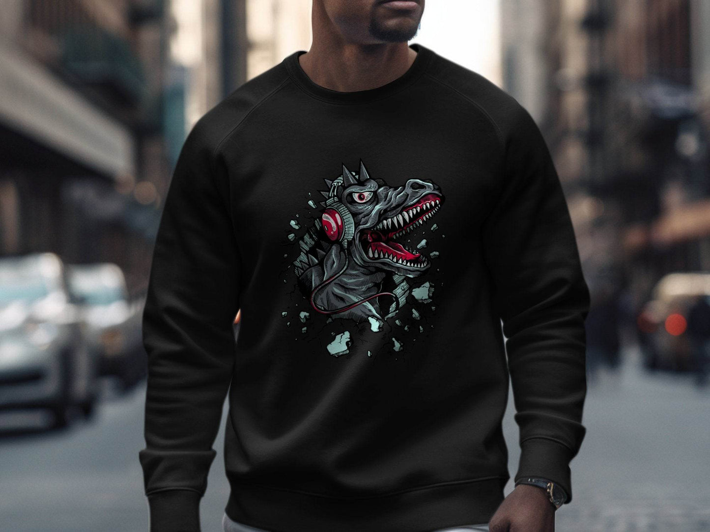Fierce Dinosaur with Headphones Graphic Sweater - Design & Vybe
