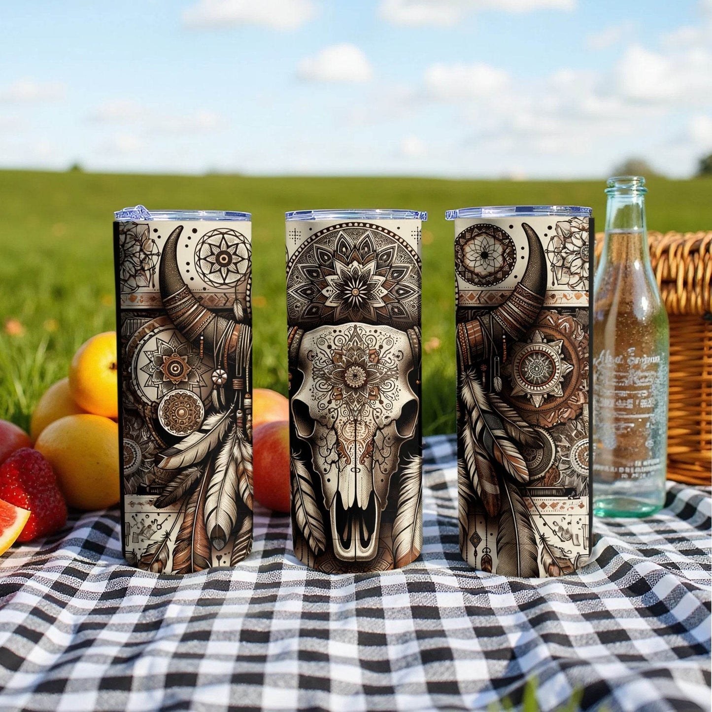 Cow Skull Feathers Mandala Details Boho Style Art Tumbler - Design & Vybe