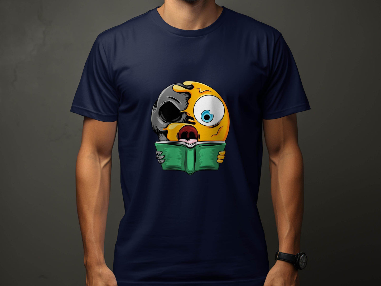 Half Emoji Half Skull Reading Book Funny Design T-Shirt - Design & Vybe