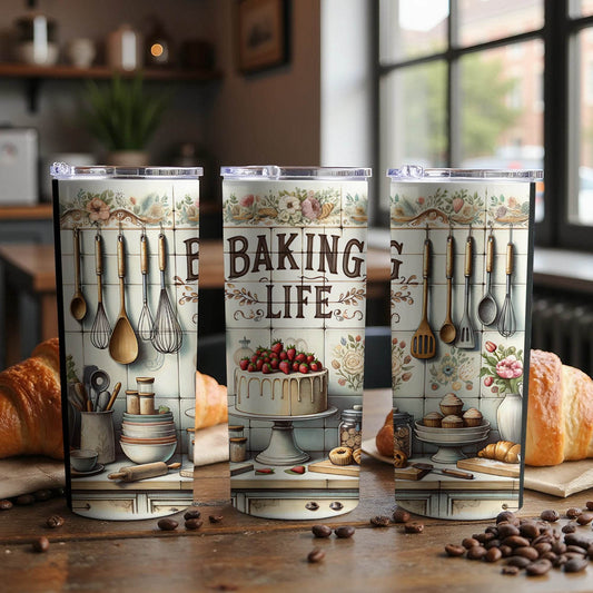 Baking Life Strawberry Cake and Utensils Kitchen Tile Tumbler - Design & Vybe