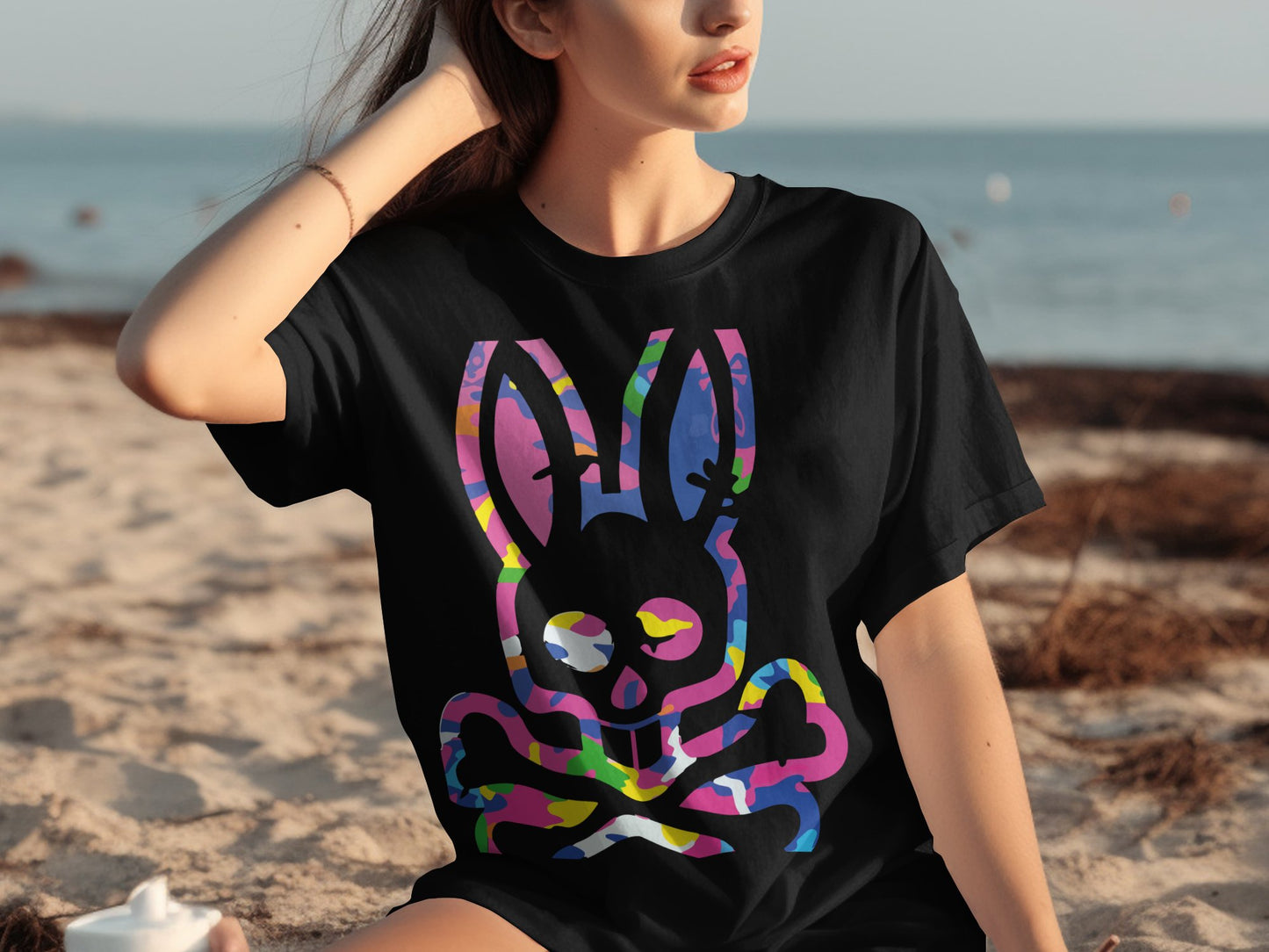 Vibrant Colorful Bunny Skull Graphic Tee product type