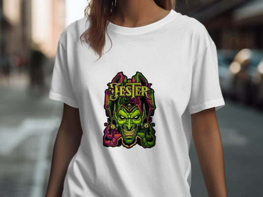 Wicked Jester Graphic Green Purple Gold Artwork T-Shirt - Design & Vybe