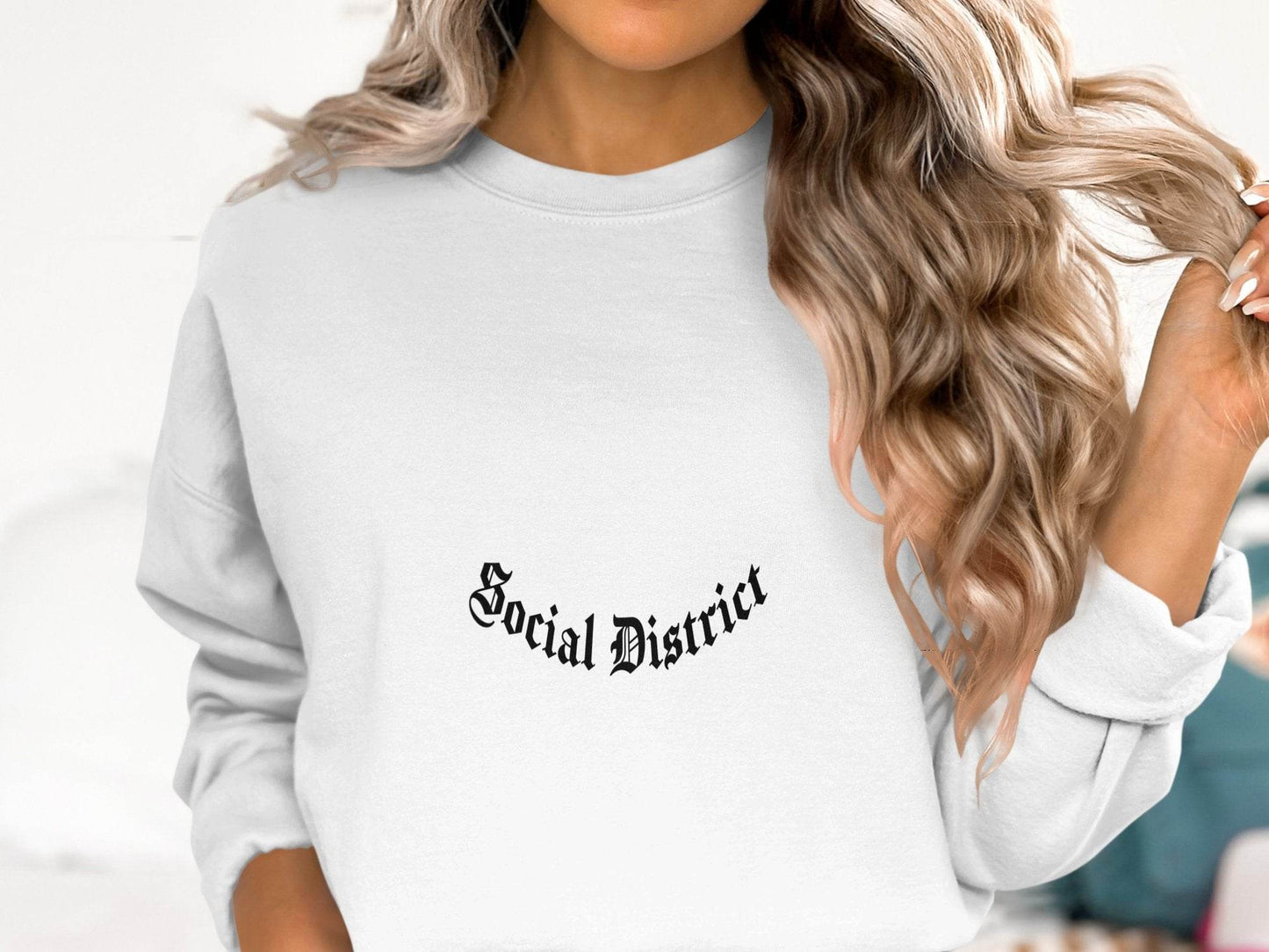Social District Gothic Font Style Word Graphic Sweater - Design & Vybe