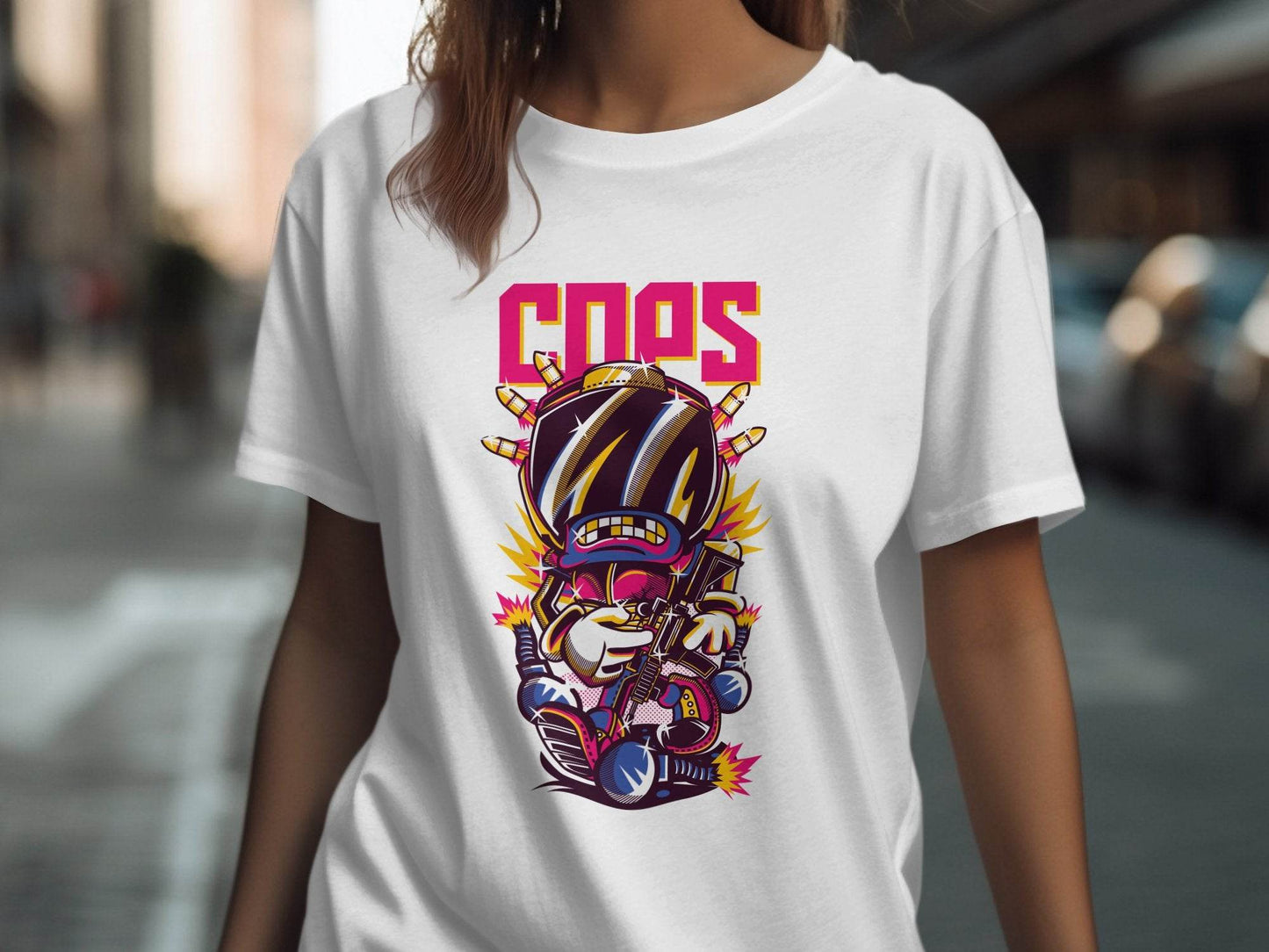 COPS Cartoon Character With Gun For Enthusiasts T-Shirt - Design & Vybe