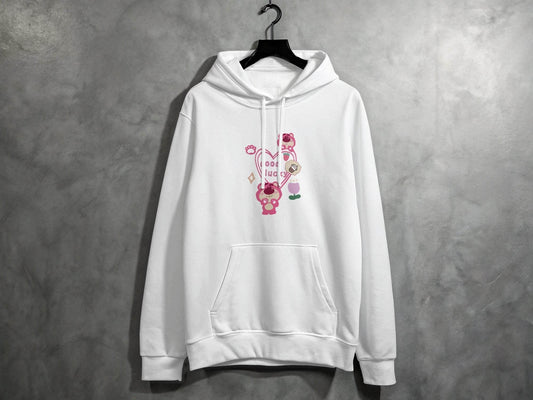 Cute Pink Bear With Good Lucky Heart Design Hoodie - Design & Vybe