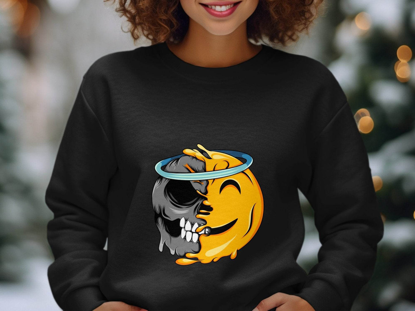 Skull Meets Emoji with a Halo Graphic Novelty Sweater - Design & Vybe