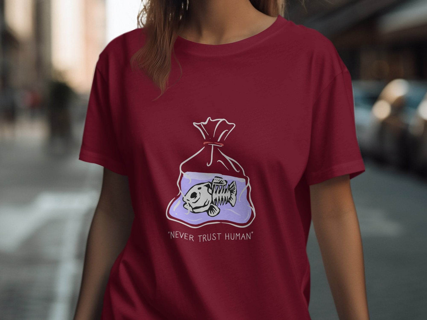 Never Trust Human Fish Skeleton Plastic Bag Design T-Shirt - Design & Vybe
