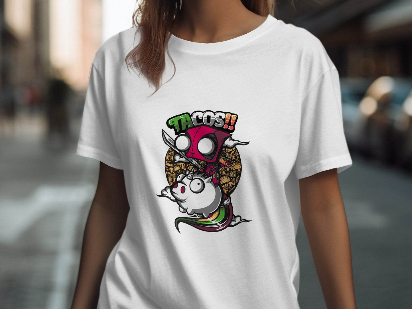 Tacos Deadpool on Unicorn Funny Character Design T-Shirt - Design & Vybe