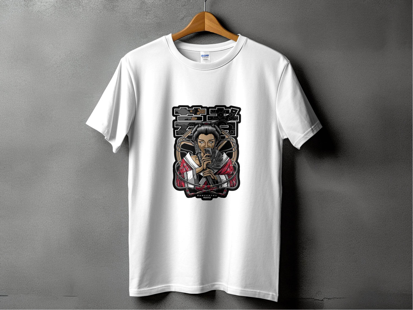 Japanese Geisha with Money Runs Vntns Hustle Print T-Shirt - Design & Vybe