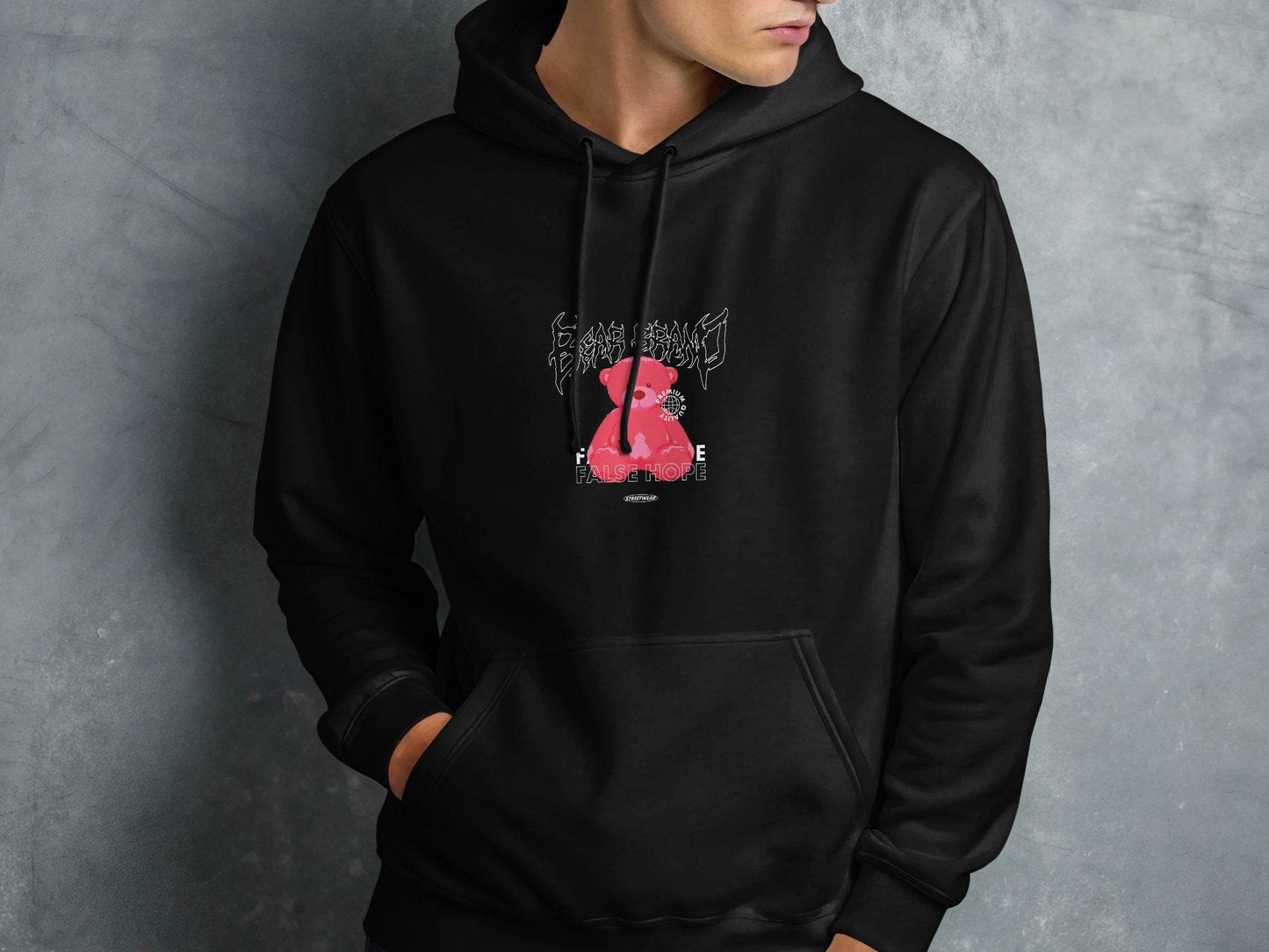 False Hope with Pink Bear Print Graphic Hoodie - Design & Vybe