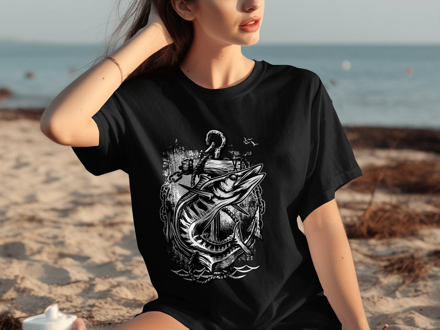 Stunning Black T-Shirt with Artistic Fish Design product type