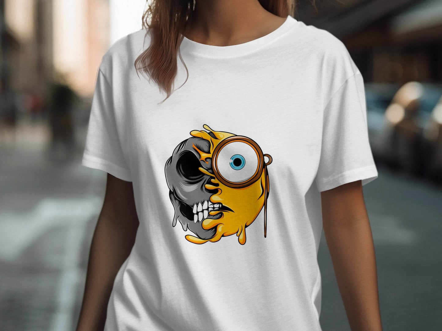 Half Skull Half Emoji with Monocle Fusion Design T-Shirt - Design & Vybe