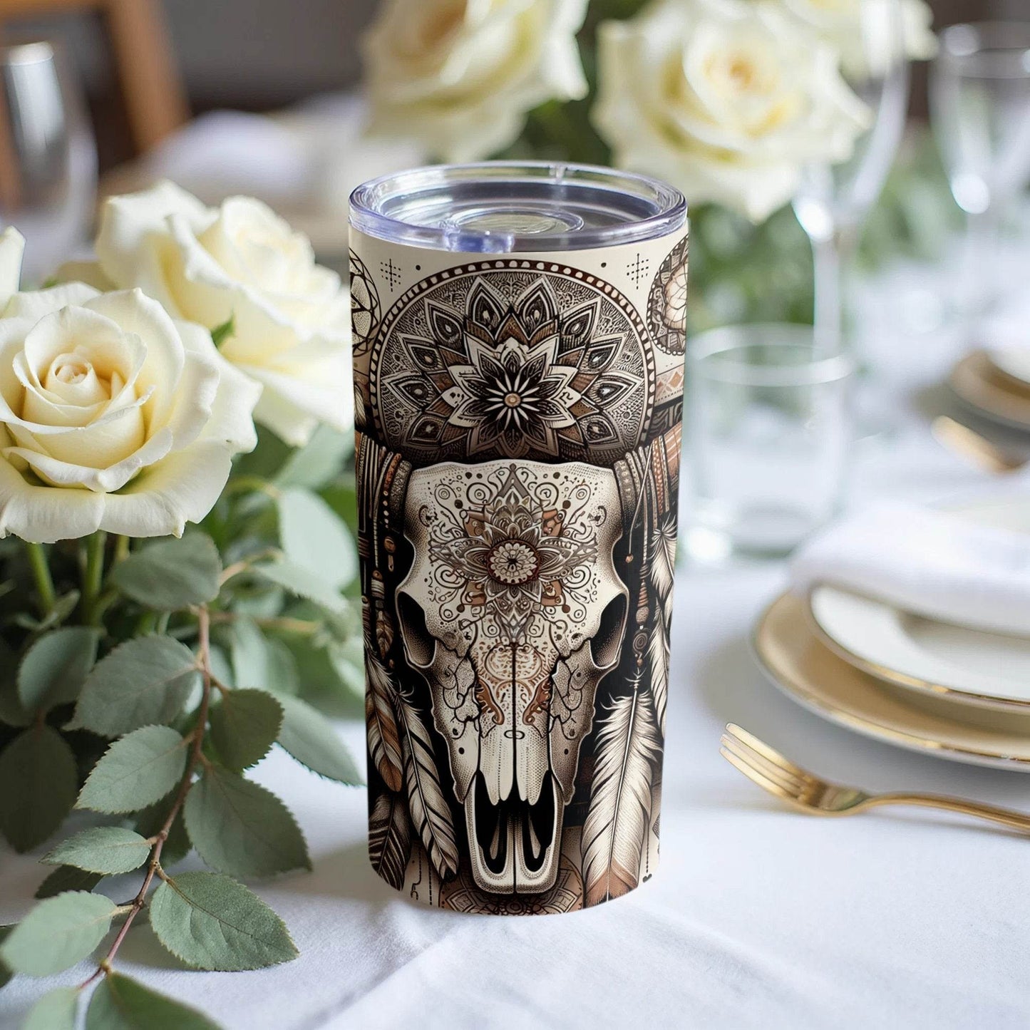 Cow Skull Feathers Mandala Details Boho Style Art Tumbler - Design & Vybe