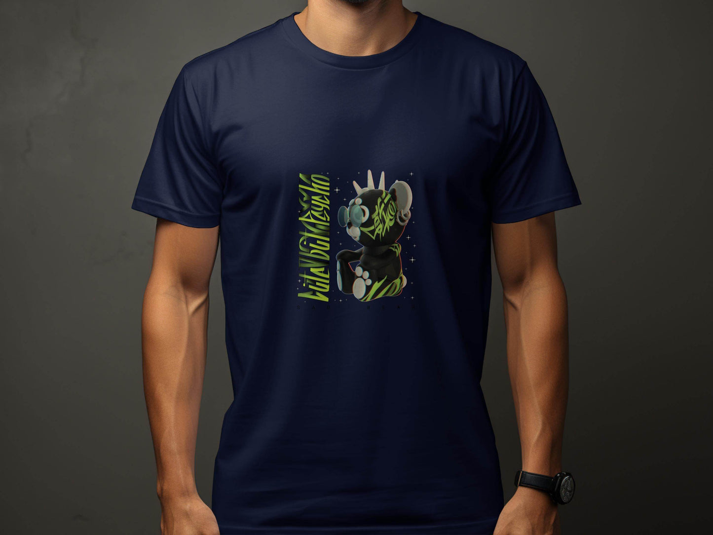 Sad Bear Black With Neon Green Graphics Design T-Shirt - Design & Vybe
