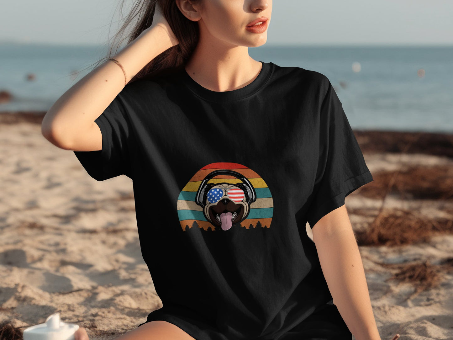 Retro American Flag Bear Headphones T-Shirt product type