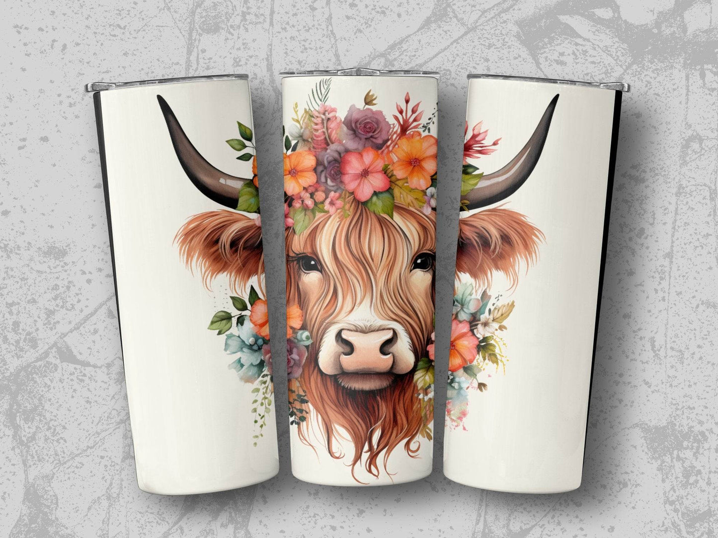 Floral Crown Highland Cow Watercolor Art Design Tumbler - Design & Vybe