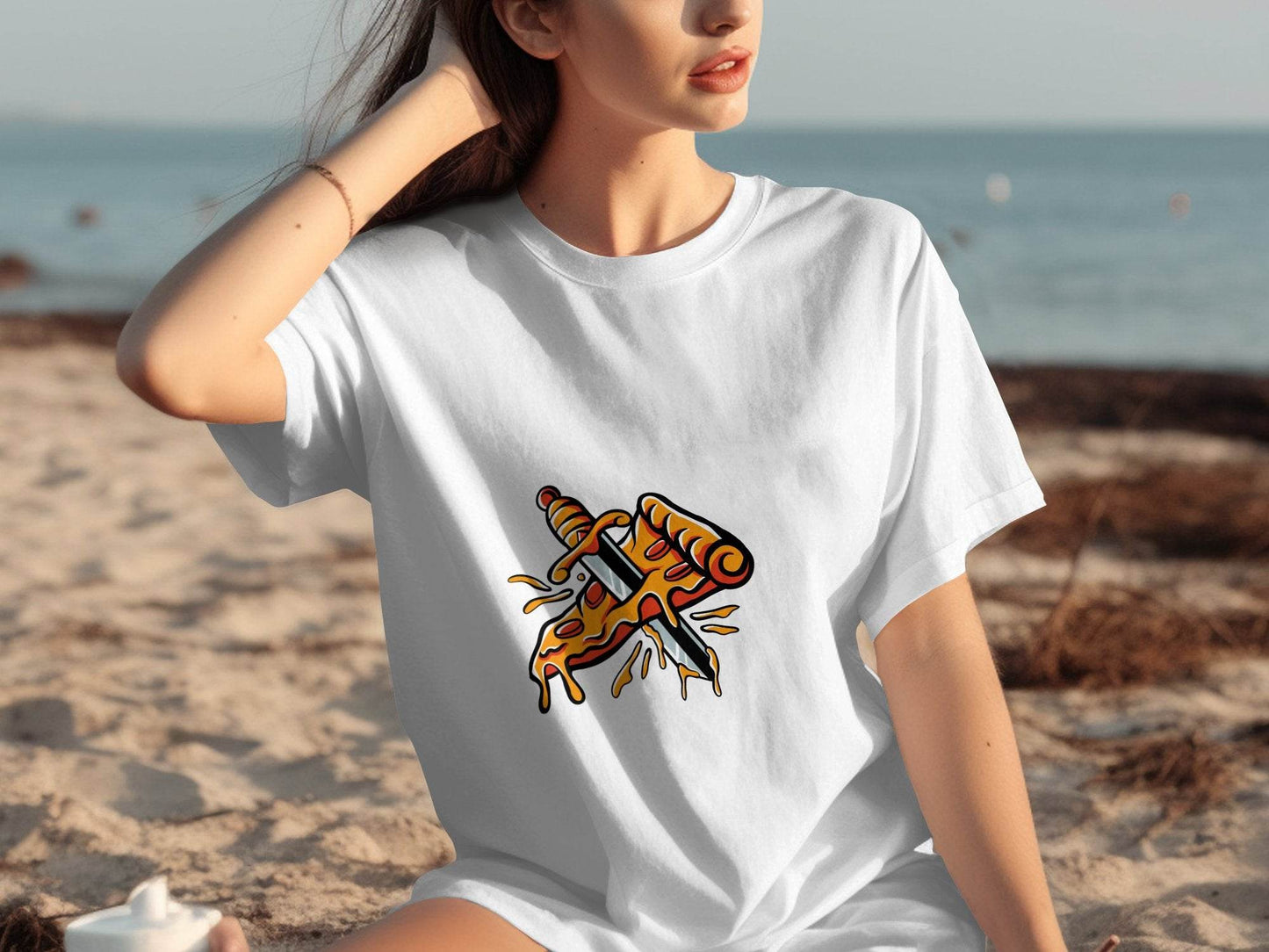 Pizza Slice Versus Sword Funny Artistic Design T-Shirt - Design & Vybe