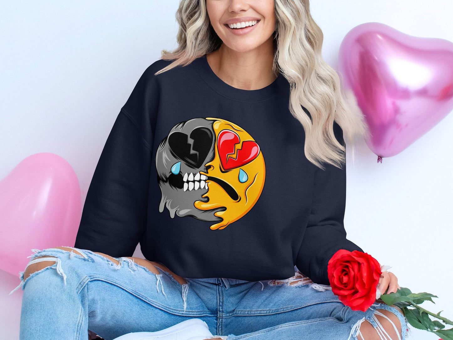 Dual Emotions Skull And Hearts Smiley Graphic Sweater - Design & Vybe