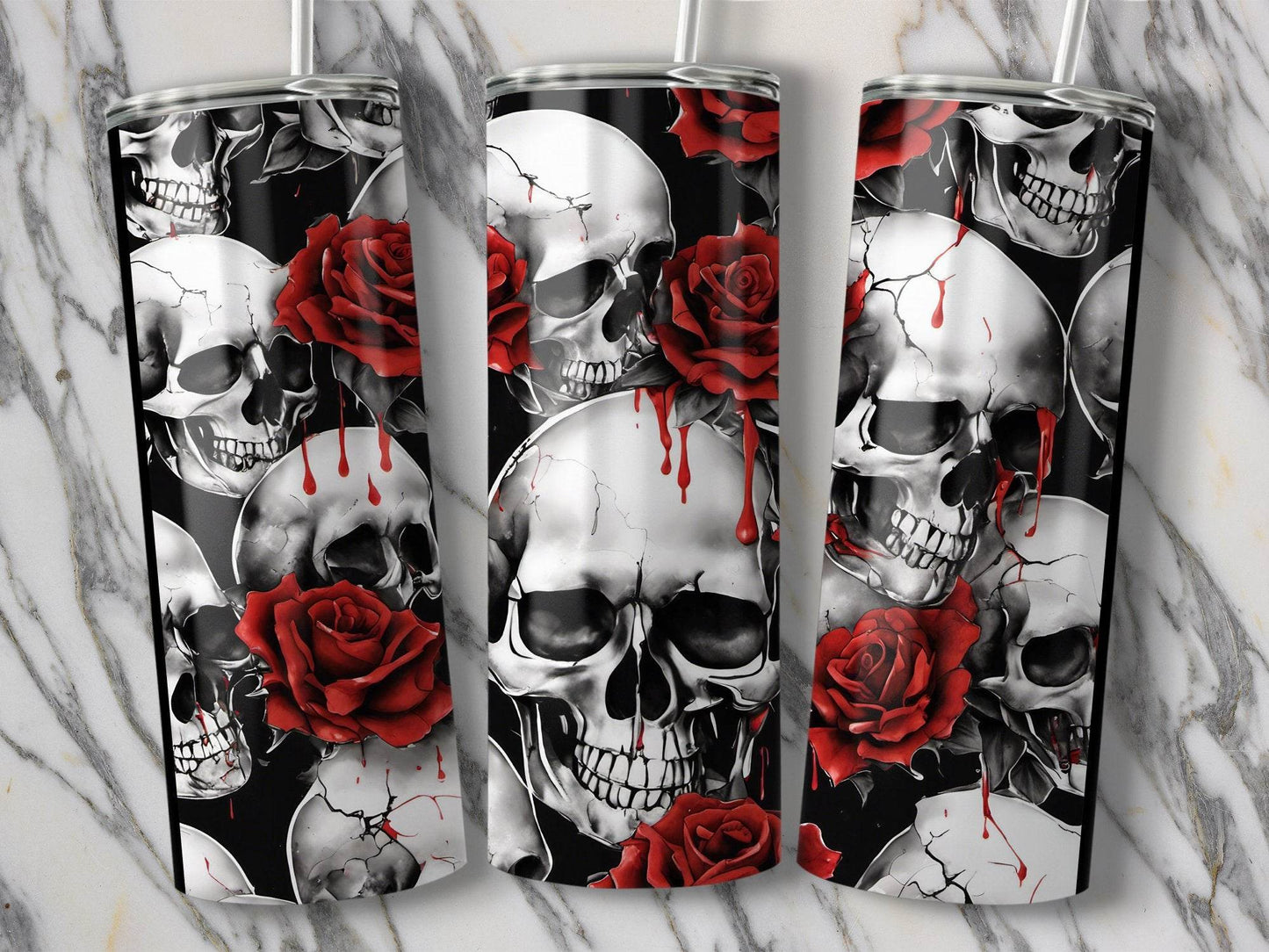 Skull and Roses Pattern In Black And White Style Tumbler - Design & Vybe