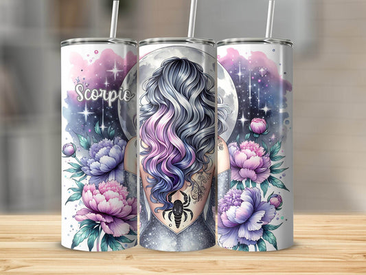 Scorpio Zodiac Sign Girl with Flowers Under Moon Design Tumbler - Design & Vybe