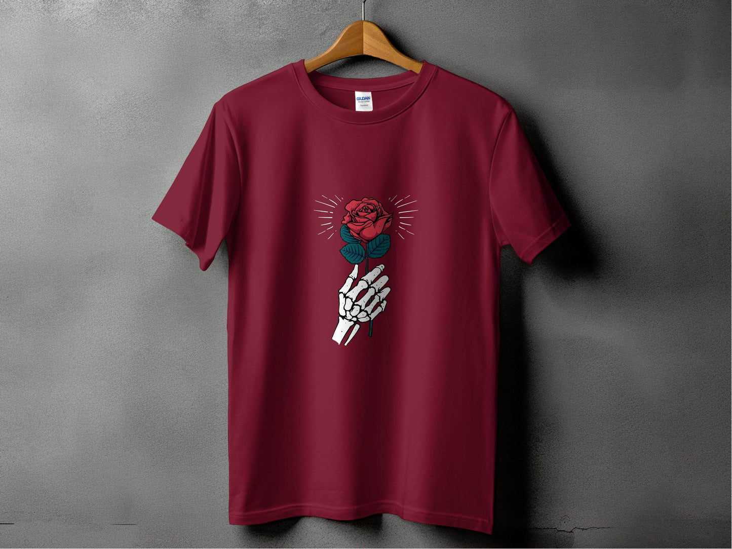 Skeletal Hand Holding Red Rose Floral Design T-Shirt - Design & Vybe