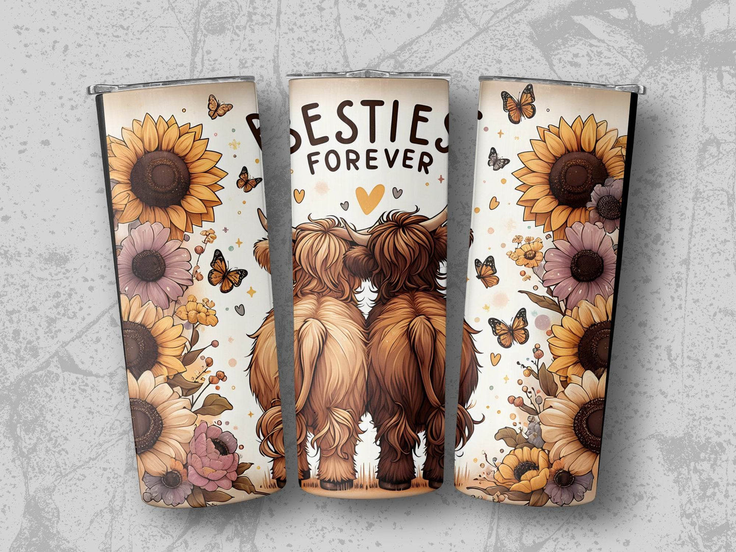 Besties Forever Highland Cows And Flowers Design Tumbler - Design & Vybe