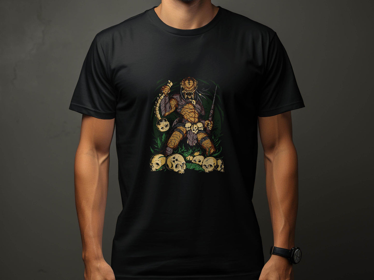 Alien Hunter Predator Weapon In Skulls Design Graphic T-Shirt - Design & Vybe